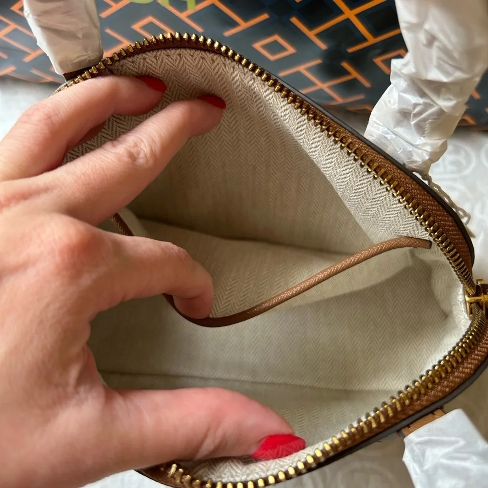 Tory Burch Emerson Dome Satchel Crossbody Bag Top Handle Moose Gold Tan